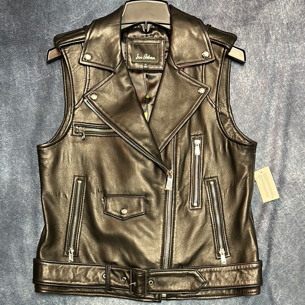 Sam Edelman Women’s Black Leather Belted Vest Moto Motorcycle NWT Medium